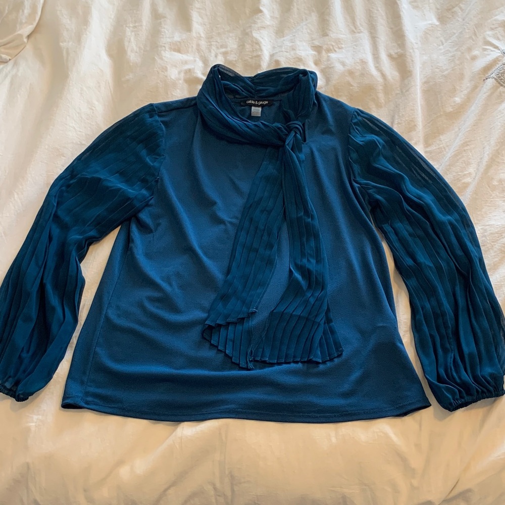 Cable & Gauge Blue Blouse with Built-In Scarf